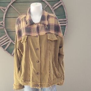 POL Buffalo Check Distressed Flannel Mixed Media Shacket
